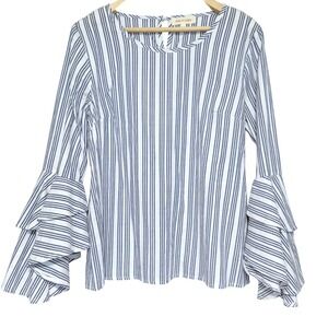 Solitaire Anthropologie Top Womens L Blue Striped Tiered Ruffle Sleeve Cotton